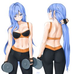 Rule 34 | 1girl, ass, bare shoulders, blue eyes, blue hair, blush, breasts, chaesu, dumbbell, fingerless gloves, from behind, gloves, highres, long hair, looking at viewer, medium breasts, bae minah (chaesu), original, pants, solo, sports bra, tight clothes, tight pants, very long hair, yoga pants