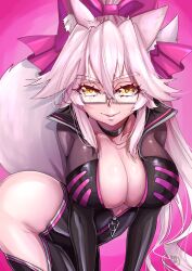 Rule 34 | 1girl, absurdres, animal ear fluff, animal ears, ass, black bodysuit, bodysuit, breasts, center opening, choker, cleavage, clothing cutout, collarbone, fate/grand order, fate (series), fox ears, fox girl, fox tail, glasses, groin, hair between eyes, highres, hip vent, huge ass, koyanskaya (fate), large breasts, leaning forward, lips, long hair, looking at viewer, no bra, no panties, pink background, pink hair, seductive smile, simple background, smile, solo, tail, tamamo (fate), thigh cutout, thighs, wide hips, yellow eyes, zipper, zipper pull tab