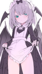 Rule 34 | 1girl, apron, apron hold, black bow, black dress, black wings, blush, bow, cisyo, closed mouth, collared dress, commentary request, dress, frilled apron, frills, green eyes, grey hair, hair bow, hair over one eye, head wings, highres, long sleeves, looking at viewer, maid, maid apron, maid headdress, original, simple background, sketch, skirt hold, solo, white apron, white background, white bow, wings
