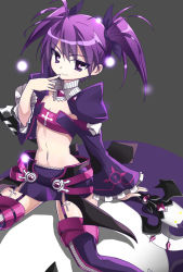 Rule 34 | 1girl, aisha landar, breasts, cleavage, elsword, finger to mouth, glowing, highres, midriff, navel, purple hair, sitting, smile, twintails, void princess (elsword), weapon, zetsuei (zetto)