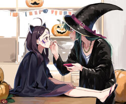 Rule 34 | 2girls, ahoge, black footwear, black headwear, black robe, brown hair, brown skirt, closed mouth, collarbone, commentary request, drawing on another&#039;s face, eye contact, facepaint, from side, green eyes, green hair, hair ornament, hairclip, halloween, hat, headgear, highres, holding, jack-o&#039;-lantern, lamb (hitsujiniku), long hair, long sleeves, looking at another, multiple girls, on table, painting (action), parted bangs, profile, red lips, robe, sandals, shirt, sitting, skirt, string of flags, table, touhoku kiritan, touhoku zunko, voiceroid, white shirt, wide sleeves, witch hat, zouri