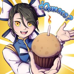 Rule 34 | 1girl, black hair, bow, candle, chinese clothes, commentary, english commentary, eyes visible through hair, food, hair bow, hair over one eye, highres, mefomefo, muffin, original, solo, spanish text, translated, upper body, yellow eyes