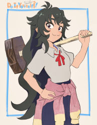 Rule 34 | 1girl, :3, black hair, brown eyes, clothes around waist, copyright name, do it yourself!!, hammer, hand on own hip, highres, holding, holding hammer, imocool, kouki kokoro, long hair, looking at viewer, school uniform, shirt, shirt around waist, skirt, solo, very long hair, wavy hair, white background, white shirt