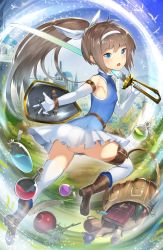Rule 34 | 1girl, apple, bag, bird, blue eyes, blue shirt, blush, book, boots, bow, breasts, brown bag, brown footwear, brown hair, copyright request, elbow gloves, food, from behind, fruit, gloves, hair bow, hairband, highres, holding, holding shield, holding sword, holding weapon, long hair, looking at viewer, looking back, open mouth, outdoors, panties, pantyshot, ponytail, red apple, shield, shirt, sleeveless, sleeveless shirt, small breasts, solo, sword, thighhighs, underwear, unizou, vial, weapon, white bow, white gloves, white hairband, white panties, white thighhighs