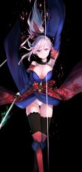 Rule 34 | 1girl, absurdres, aritsuno, asymmetrical hair, bad id, bad pixiv id, black background, black thighhighs, blue eyes, blue kimono, breasts, clothing cutout, detached sleeves, dual wielding, earrings, fate/grand order, fate (series), female focus, hair ornament, highres, holding, holding sword, holding weapon, japanese clothes, jewelry, katana, kimono, large breasts, leaf print, magatama, maple leaf print, miyamoto musashi (fate), miyamoto musashi (third ascension) (fate), navel cutout, obi, panties, pink hair, ponytail, sash, short kimono, solo, standing, sword, thighhighs, underwear, unsheathed, weapon, white panties, wide sleeves