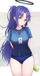 Rule 34 | 1girl, absurdres, arms behind back, blue archive, blue buruma, blue eyes, blue hair, blue shirt, blush, bottle, breasts, buruma, commentary, gym uniform, halo, highres, long hair, looking at viewer, medium breasts, open mouth, ponytail, shirt, short sleeves, solo, standing, thigh gap, thighs, water bottle, yuuka (blue archive), yuuka (track) (blue archive), yuye