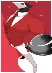 Rule 34 | 1boy, bird, deltarune, formal, furry, highres, holding, holding tray, jacket, mask, necktie, pants, red background, red eyes, red jacket, red neckwear, red suit, shishiko (dlion0000), sparkle, suit, swatchling (deltarune), tray, white mask, white pants