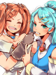 Rule 34 | 2girls, aqua eyes, bare shoulders, blue hair, detached sleeves, file (ole tower), gloves, hair ornament, hairclip, mataichi mataro, mouth pull, multiple girls, ole tower, orange hair, short twintails, triangular file (ole tower), twintails, v