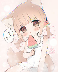 Rule 34 | 1girl, ame usako, animal ear fluff, animal ears, banned artist, bare arms, bare shoulders, blush, brown background, brown eyes, brown hair, collarbone, commentary request, dress, food, food-themed hair ornament, hair ornament, head tilt, heart, heart-shaped pupils, highres, holding, holding food, looking at viewer, low twintails, original, popsicle, signature, simple background, sleeveless, sleeveless dress, solo, symbol-shaped pupils, tail, tongue, tongue out, translation request, twintails, watermelon bar, watermelon hair ornament, white dress