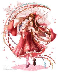 Rule 34 | 1girl, artist name, bow, brown hair, cherry blossoms, detached sleeves, embellished costume, floral background, frilled sleeves, frills, full body, gohei, hair bow, hair tubes, hakurei reimu, highres, long hair, long skirt, looking at viewer, manaco, necktie, nontraditional miko, oonusa, petals, pink eyes, red bow, red eyes, red skirt, sandals, sidelocks, skirt, smile, solo, touhou, very long hair, white legwear, wide sleeves
