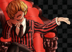 1boy, absurdres, black legwear, black necktie, blonde hair, chair, checkered background, collared shirt, fat, formal, hair over eyes, hand on own cheek, hand on own face, hand up, highres, legs crossed, long sleeves, male focus, mother (game), mother 2, necktie, nintendo, official alternate costume, older, open mouth, parted lips, porky minch, shirt, sitting, solo, striped clothes, striped suit, suit, teeth, thery, throne, upper body, white shirt
