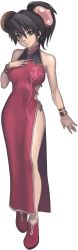Rule 34 | 00s, 1girl, alternate costume, ar tonelico, ar tonelico i, bare shoulders, black hair, breasts, china dress, chinese clothes, dress, female focus, full body, green eyes, gust, long image, misha arsellec lune, nagi ryou, official art, side slit, simple background, smile, solo, tall image, white background