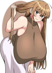 Rule 34 | 1girl, blue eyes, blush, body writing, breasts, brown hair, clothes, ear piercing, female focus, gigantic breasts, grabbing, highres, holding, holding hair, komusou (jinrikisha), long hair, long skirt, looking at viewer, number tattoo, original, piercing, plump, presenting, simple background, skirt, smile, solo, tattoo, white skirt