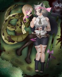 Rule 34 | 2girls, absurdres, african rock python (kemono friends), after battle, animal ears, antenna hair, bare arms, bare shoulders, bear ears, paw stick, bike shorts, bike shorts under skirt, black hair, bleeding, blonde hair, blood, blood from mouth, blood on clothes, blood on face, blood on hands, bloody weapon, boots, bruise, closed eyes, closed mouth, crying, crying with eyes open, cuffs, cuts, extra ears, ezo brown bear (kemono friends), facing another, from above, full body, furrowed brow, gloves, grass, grey hair, half-closed eye, headband, highres, holding hands, hood, hood down, hooded jacket, injury, jacket, kemono friends, long hair, long sleeves, long tail, lying, microskirt, miniskirt, multicolored hair, multiple girls, nanoder, nosebleed, on back, on ground, on side, one eye closed, outdoors, pantyhose, pink hair, pleated skirt, print jacket, scratches, shirt, skirt, sleeveless, sleeveless shirt, smile, snake print, snake tail, tail, tears, thigh boots, thigh gap, toeless footwear, torn clothes, two-tone hair, very long hair, weapon