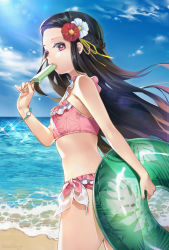 Rule 34 | 1girl, bare arms, bare shoulders, beach, bikini, black hair, blue sky, braid, cloud, commentary request, day, eating, flower, food, forehead, frilled bikini, frills, from side, gradient hair, hair flower, hair ornament, hair ribbon, highres, holding, holding food, holding swim ring, innertube, kamado nezuko, kimetsu no yaiba, long hair, looking at viewer, looking to the side, multicolored hair, nail polish, ocean, outdoors, pink bikini, pink nails, popsicle, purple eyes, red flower, red hair, ribbon, side-tie bikini bottom, sky, solo, sparkle, sunlight, swim ring, swimsuit, tarantulaines, very long hair, water, white flower, wristband, yellow ribbon