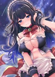 Rule 34 | &gt;:), 1girl, apron, armpits, bare shoulders, black hair, blue eyes, blush, bow, bowtie, breasts, brooch, cleavage, closed mouth, cover image, cowboy shot, detached sleeves, female focus, from below, tucking hair, hoshi no maid sama to shinkon seikatsu, jewelry, kztk, large breasts, long hair, looking at viewer, looking down, maid, maid apron, maid headdress, midriff, navel, night, novel illustration, official art, outdoors, puffy detached sleeves, puffy sleeves, revealing clothes, sky, smile, solo, star (sky), starry sky, textless version, v-shaped eyebrows, wrist cuffs