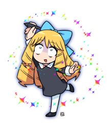 Rule 34 | 1girl, arm up, black dress, black footwear, blonde hair, blue bow, blue eyes, bow, chibi, collared dress, commentary request, dress, drill hair, full body, hair bow, highres, holding, holding stylus, long hair, long sleeves, muu (mumumer), open mouth, pantyhose, shoes, simple background, solo, standing, standing on one leg, stylus, very long hair, white background, white pantyhose, wide-eyed, zakoeshi-chan, zakoeshi-chan nikki
