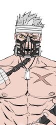 Rule 34 | 1boy, abs, bandaged hand, bandaged head, bandages, bara, buegnahrnc9m9lh, collar, dog tags, facial hair, fangs, feet out of frame, grey hair, gyee, highres, large pectorals, looking at viewer, male focus, manly, mature male, miles (gyee), muscular, muscular male, muzzle, necktie, nipples, pectorals, saliva, scar, simple background, smile, solo, spiked collar, spiked hair, spikes, stubble, topless male, tusks, upper body, white background, yellow eyes