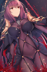 Rule 34 | 1girl, armor, bodysuit, breasts, commentary request, covered navel, dual wielding, expressionless, fate/grand order, fate (series), feng mouren, flower, gae bolg (fate), hair intakes, highres, holding, holding weapon, large breasts, long hair, looking to the side, pauldrons, polearm, purple bodysuit, purple hair, red eyes, scathach (fate), scathach (fate), shoulder armor, solo, spear, spider lily, veil, weapon