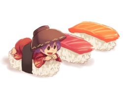 Rule 34 | &gt;:d, 1girl, :d, barefoot, black eyes, bowl, bowl hat, food, hat, in food, japanese clothes, kimono, mini person, minigirl, open mouth, purple hair, red kimono, rice, short hair, simple background, smile, solo, sukuna shinmyoumaru, sushi, touhou, utopia, v-shaped eyebrows, white background
