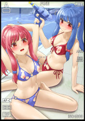 Rule 34 | 2girls, ^^^, alternate costume, alternate hairstyle, arm behind back, arm support, arms up, bare arms, bare legs, bare shoulders, barefoot, battery indicator, bikini, black border, blue bikini, blue hair, blue scrunchie, border, breasts, cleavage, closed mouth, collarbone, fingernails, front-tie bikini top, front-tie top, hair ornament, hair scrunchie, hair up, halterneck, highres, holding, kotonoha akane, kotonoha aoi, kurione (zassou), long hair, looking down, medium breasts, midriff, multiple girls, navel, nipples, o-ring, o-ring bikini, o-ring bottom, o-ring top, open mouth, pink hair, pink scrunchie, ponytail, pool, poolside, recording, red bikini, red eyes, scrunchie, siblings, side-tie bikini bottom, sisters, sitting, smile, split mouth, surprised, swimsuit, toenails, torn bikini, torn clothes, voiceroid, wariza, water, water gun