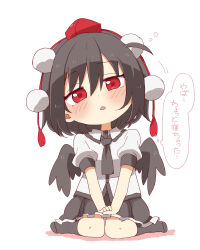 Rule 34 | 1girl, absurdres, black hair, black necktie, black skirt, black socks, black wings, blush, chibi, collared shirt, colored shadow, dress shirt, feathered wings, frilled skirt, frills, full body, hair between eyes, hands on lap, hat, head tilt, highres, looking at viewer, mini hat, necktie, no shoes, own hands together, parted lips, pleated skirt, pom pom (clothes), puffy short sleeves, puffy sleeves, red eyes, red hat, red tassel, shadow, shameimaru aya, shirt, short sleeves, simple background, sitting, skirt, socks, solo, tokin hat, totoharu (kujirai minato), touhou, translation request, wariza, white background, white shirt, wings