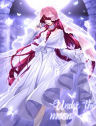Rule 34 | 1girl, been, bow, bridal veil, bug, butterfly, choker, collarbone, dress, drill hair, elesis (elsword), elsword, floating hair, hair intakes, hair over one eye, holding, insect, long dress, long hair, long sleeves, looking at viewer, moon, red eyes, red hair, skirt hold, solo, standing, title, veil, very long hair, white bow, white dress