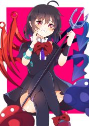 Rule 34 | 1girl, asymmetrical wings, black dress, black hair, black thighhighs, blue wings, blush, bow, bowtie, buttons, center frills, crossed legs, dress, footwear bow, frilled dress, frills, grin, highres, holding, holding polearm, holding weapon, houjuu nue, mary janes, pointy ears, polearm, red bow, red bowtie, red eyes, red footwear, red wings, shoes, short dress, short hair, short sleeves, sitting, smile, snake, thighhighs, touhou, trident, ufo, weapon, wings, wristband, zerokosan