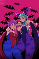 Rule 34 | 2girls, animal print, bare shoulders, bat print, breasts, capcom, cleavage, clothing cutout, green eyes, green hair, head wings, heart cutout, highres, jojowentbananas, large breasts, leotard, lilith (darkstalkers), long hair, morrigan aensland, multiple girls, pantyhose, purple hair, red eyes, siblings, sisters, darkstalkers, wings