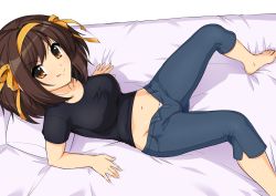 Rule 34 | 1girl, alternate costume, barefoot, bed, black shirt, blouse, bow, brown eyes, brown hair, commentary request, denim, feet, from side, hair bow, hairband, haruhisky, jeans, looking at viewer, lying, medium hair, navel, on back, on bed, open fly, orange bow, orange hairband, panties, pants, panty peek, pillow, shirt, short sleeves, solo, spread legs, suzumiya haruhi, suzumiya haruhi no yuuutsu, t-shirt, taut clothes, taut shirt, tongue, tongue out, underwear, unzipped, v-shaped eyebrows