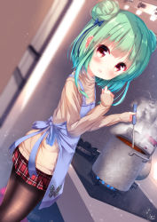 Rule 34 | 1girl, :d, animal print, apron, blue apron, blue bow, blurry, blurry background, blush, bow, brown pantyhose, brown sweater, butterfly print, chinomaron, commentary request, cooking, depth of field, double bun, dutch angle, green hair, hair bow, hair bun, hands up, highres, hololive, indoors, ladle, long sleeves, looking at viewer, looking to the side, open mouth, pantyhose, plaid, plaid skirt, pleated skirt, pot, red eyes, red skirt, ribbed sweater, signature, skirt, sleeves past wrists, smile, solo, standing, stove, sweater, turtleneck, turtleneck sweater, uruha rushia, virtual youtuber
