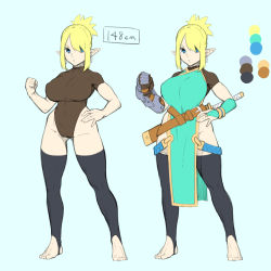 Rule 34 | 1girl, bare arms, black thighhighs, blonde hair, blue background, blue dress, blue eyes, breasts, bridal gauntlets, brown leotard, color guide, dress, dyun, earrings, folded ponytail, gauntlets, gluteal fold, hand on own hip, hand up, height, highres, jewelry, large breasts, leotard, looking at viewer, multiple views, original, parted lips, pelvic curtain, pointy ears, simple background, single gauntlet, stirrup legwear, thighhighs, toeless legwear