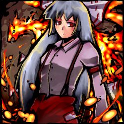 Rule 34 | 1girl, armlet, collared shirt, cowboy shot, expressionless, female focus, fire, fire, fujiwara no mokou, long sleeves, looking at viewer, lowres, pants, red eyes, shirt, silver hair, solo, standing, suspenders, touhou