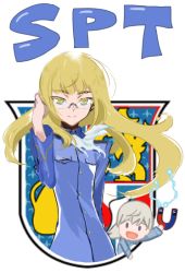 Rule 34 | 2girls, ascot, blonde hair, eila ilmatar juutilainen, electricity, glasses, homare (homaredai), long hair, long sleeves, looking at viewer, magnet, military, military uniform, multiple girls, perrine h. clostermann, simple background, smile, strike witches, uniform, world witches series, yellow eyes