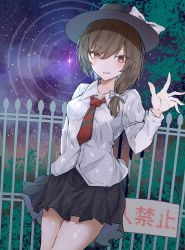 Rule 34 | 1girl, :d, black skirt, braid, bright pupils, brown eyes, brown hair, bush, collared shirt, cowboy shot, fedora, fence, hat, hegata (hegatia lapis), highres, long sleeves, looking at viewer, medium hair, necktie, night, night sky, open mouth, outdoors, red necktie, shirt, side braid, sign, single braid, skirt, sky, smile, solo, standing, star (sky), star trail, starry sky, touhou, tree, usami renko, white pupils, white shirt
