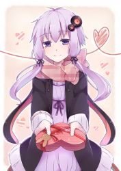 Rule 34 | 1girl, candy, chocolate, chocolate heart, dress, food, gift, gradient background, hair ornament, heart, heart of string, jacket, long hair, looking at viewer, low twintails, plaid, plaid scarf, purple dress, purple eyes, purple hair, scarf, smile, solo, sxupxdxxy, twintails, upper body, valentine, vocaloid, voiceroid, yuzuki yukari