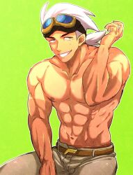 Rule 34 | 1boy, abs, belt, belt buckle, biceps, brown belt, buckle, collarbone, commentary request, creatures (company), friede (pokemon), game freak, goggles, goggles on head, green background, grin, hand up, highres, large pectorals, male focus, momosora (mmsr93), muscular, muscular male, navel, nintendo, outline, pants, pectorals, pokemon, pokemon (anime), pokemon horizons, sitting, smile, solo, sweatdrop, teeth, topless male, white hair, yellow eyes