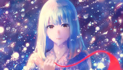 Rule 34 | 1girl, blue hair, brown eyes, colorful, commentary, crying, hand on own chest, japanese clothes, kimono, light particles, lips, long hair, looking at viewer, original, pov, sakimori (hououbds), solo, string, string of fate, teardrop, tears, upper body