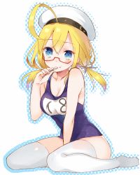Rule 34 | 10s, 1girl, ahoge, blonde hair, blue eyes, blush, breasts, glasses, hat, i-8 (kancolle), kantai collection, large breasts, looking at viewer, one-piece swimsuit, personification, red-framed eyewear, school swimsuit, semi-rimless eyewear, short hair, sitting, solo, spoon, swimsuit, thighhighs, twintails, under-rim eyewear, wariza, white background, white thighhighs, yuraiko