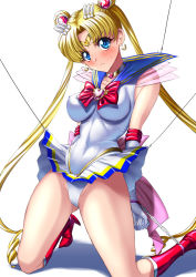 Rule 34 | 1girl, back bow, bdsm, bishoujo senshi sailor moon, blonde hair, blue eyes, blue sailor collar, bondage, boots, bound, bow, brooch, chain, choker, commentary request, double bun, elbow gloves, gloves, gold choker, hair ornament, heart, heart brooch, heart choker, highleg, highleg leotard, impossible clothes, impossible leotard, kneeling, leotard, long hair, magical girl, multicolored clothes, multicolored skirt, pleated skirt, red bow, red footwear, restrained, sailor collar, sailor moon, sen (sansui), simple background, skirt, solo, super sailor moon, tiara, tsukino usagi, white background, white gloves, white leotard