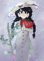 Rule 34 | 1girl, ajirogasa, artist request, bamboo, black hair, blush, braid, brown headwear, buttons, capelet, clothes writing, dress, earlobes, frilled hat, frills, grey dress, happy, hat, hidden star in four seasons, juliet sleeves, long earlobes, long hair, long sleeves, looking at viewer, own hands together, palms together, puffy sleeves, red capelet, red eyes, ribbon, smile, snow, standing, touhou, twin braids, yatadera narumi