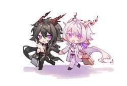 2boys animal_ears arknights bag black_hair black_jacket black_pants bow brown_bow chibi collared_shirt commentary_request ebenholz_(arknights) epaulettes grey_shirt hair_between_eyes hair_bow highres holding_hands horns jacket kreide_(arknights) long_hair long_sleeves low_ponytail male_focus multiple_boys open_clothes open_jacket pants paper_bag ponytail purple_bow purple_eyes shadow shirt shopping_bag simple_background suinianflo very_long_hair walking white_background white_hair white_jacket white_pants white_shirt