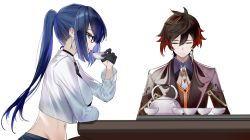 Rule 34 | 1boy, 1girl, alternate costume, alternate hair length, alternate hairstyle, bespectacled, black-framed eyewear, black gloves, black hair, black jacket, black necktie, blue hair, breasts, brooch, chinese commentary, closed eyes, commentary request, crop top, crop top overhang, cup, earrings, from side, genshin impact, glasses, gloves, gradient hair, green eyes, hand up, holding, holding cup, jacket, jewelry, large breasts, long hair, long sleeves, midriff, multicolored hair, navel, necktie, ponytail, profile, red hair, shirt, simple background, smile, srpzk, stomach, teacup, teapot, upper body, very long hair, white background, white shirt, yelan (genshin impact), zhongli (genshin impact)