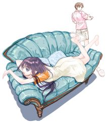 Rule 34 | 1boy, 1girl, annoyed, barefoot, blue eyes, blue hair, brown eyes, brown hair, couch, dress, frown, hair behind ear, highres, jinto, lafiel, long hair, looking back, lying, on couch, on stomach, parted bangs, pillow, pink shirt, pointy ears, seikai no senki, shirt, short hair, slippers, white footwear, yellow dress, yonemura kouichirou