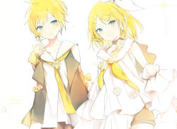 Rule 34 | 1boy, 1girl, blonde hair, blue eyes, blush, bow, brother and sister, closed mouth, commentary, dress, english commentary, flower, hair bow, hair ornament, hairband, hairclip, kagamine len, kagamine rin, looking at viewer, lpip, microphone, neckerchief, necktie, rose, sailor collar, shorts, siblings, smile, sparkle, twins, vest, vocaloid, white bow, white dress, white flower, white rose, white sailor collar, yellow neckerchief