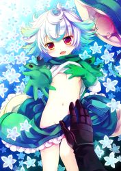 Rule 34 | 1girl, :d, blush, bondrewd, breasts, covering breasts, covering one breast, covering privates, creature, fang, floral background, gauntlets, gloves, green gloves, green jacket, green skirt, head tilt, jacket, looking at viewer, made in abyss, meinya (made in abyss), navel, no bra, no panties, open mouth, pov, pov hands, prushka, reaching, reaching towards viewer, red eyes, sakurazawa izumi, short hair, skirt, small breasts, smile, solo, solo focus, standing, undressing, white legwear