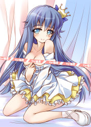 Rule 34 | 10s, 1girl, blue eyes, blue hair, breasts, censored, cleavage, clothes pull, crown, dress, dress pull, happinesscharge precure!, long hair, looking at viewer, matching hair/eyes, nekoyaso, precure, pulling own clothes, shirayuki hime, sitting, smile, solo, wariza