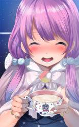Rule 34 | 1girl, bad id, bad twitter id, blush, candy hair ornament, capelet, closed eyes, crescent, crescent earrings, cum, cum in container, cum in cup, cup, earrings, fingernails, food-themed hair ornament, fumihiko (fu mihi ko), hair ornament, highres, himemori luna, himemori luna (sundress), holding, holding cup, hololive, jewelry, long fingernails, long hair, merchandise, open mouth, pink hair, round teeth, solo, teeth, virtual youtuber