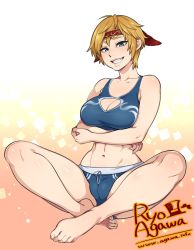 Rule 34 | 1girl, agawa ryou, bad id, bad tumblr id, barefoot, borrowed character, breasts, cameltoe, cleavage, cleft of venus, commentary, commission, crossed arms, fang, feet, final fantasy, final fantasy xiv, freckles, grin, headband, highres, hyur, indian style, lancia ayers, large breasts, looking at viewer, navel, short shorts, shorts, sitting, smile, solo, sports bra, toes, toned