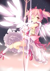 Rule 34 | 10s, 1girl, ahoge, aiming, bobby socks, bow, bow (weapon), bubble skirt, choker, gloves, hair bow, kaname madoka, kneehighs, magical girl, mahou shoujo madoka magica, mahou shoujo madoka magica (anime), mokoke, one eye closed, outstretched arm, pink eyes, pink hair, short hair, short twintails, skirt, socks, solo, twintails, weapon, white gloves, white socks, wings, wink